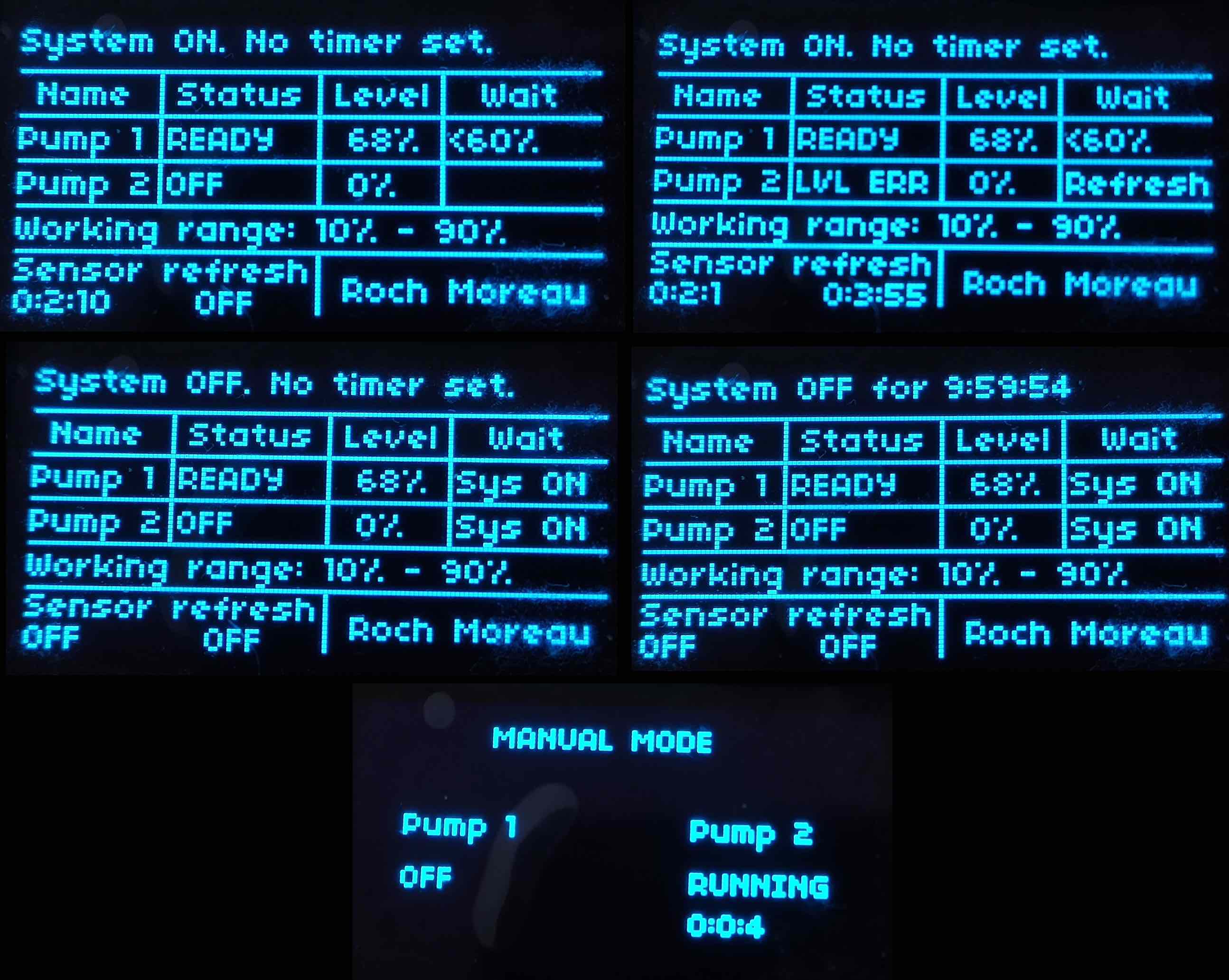 Some display views with various system states and pump status.